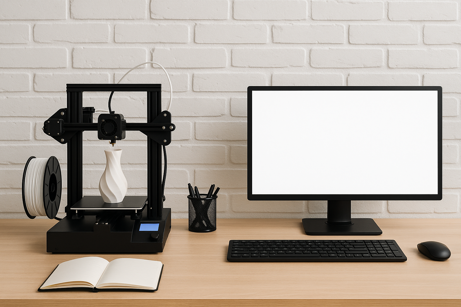 génère une image avec en bas un bureau avec un ordi à droite et une imprimante 3D à gauche avec en fond un mur de briques blanches